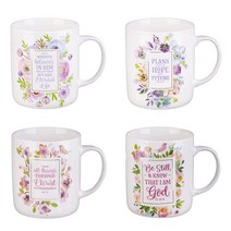 Christian Art Gifts 여성용 세라믹 커피/차 머그 세트 영감 주는 수채화 꽃 디자인 성경 구절 박스 세트/커피 컵 4개