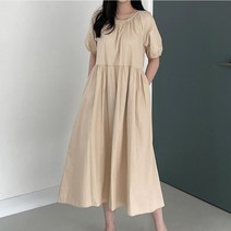 행복여[신상]렐리 넥 셔링 포인트 세미 퍼프 소매 플레어 원피스