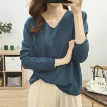 데이홀릭 여성용 봄 가을 겨울 데일리 긴소매 소프트 무지 베이직 긴팔 니트 브이넥