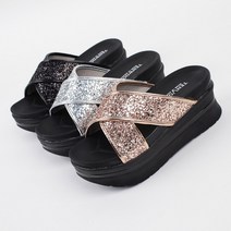 셀럽슈즈 국산 6.5cm 여성 이중 플랫폼창 엑스스트랩 글리터 반짝이 키높이 슬리퍼