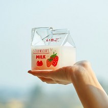 ig 레트로 우유곽 내열유리컵_홈카페 우유컵 물컵 주스컵, 딸기 우유컵 380ml