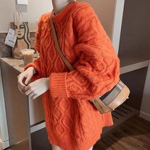 SJW 겨울 여성용 롱 스웨터 꽈배기 라운드 니트티 오버핏 M~3XL(5컬러)