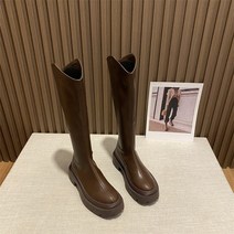 앵글부츠 킬힐 롱 어그 하비롱 어그롱 하비 통넓은 키작녀 라이더 여자 2022 가을 겨울 장화 두꺼운 바닥 하이 중 무릎 가죽 와 융단을 따라가지 못한다, 갈색 37