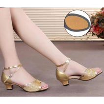 여성인기댄스화 반짝이 글리터 소프트솔 오픈토 스트랩 댄스구두 시니어 중년 스포츠 댄스화(215-260), 260, 3.5cm 블랙