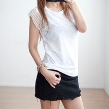 여성 장군 레이스 흰색 무지 여름 민소매티 면 나시 티 셔츠