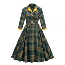 체크무늬 원피스 그린 체크 여성 노치드 카라 버튼 벨트 벨티드 로브 이브닝 미디