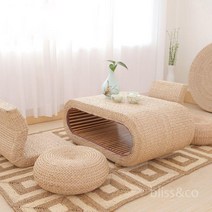 라탄테이블 카페 티 테이블 협탁 사이드 감성 좌식 틈새 북유럽 인테리어 원형, 차림새, 작은테이블+원형교각2개+등받이의자2개