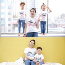 베베왕국 가족티 패밀리룩 가족 커플티 아동 단체티 반티 반팔 스마일 블루 핑크 티셔츠