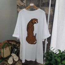 상상그이상 여성용 국내제작 레오파드 빅반팔 라운드넥 티셔츠 빅사이즈 캐주얼 루즈핏 프린팅 반팔티 롱 박스티