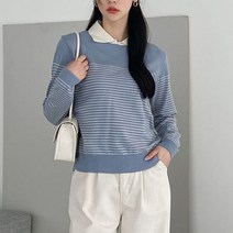 뜨개진 여성용 스트라이프 라비 카라넥 니트