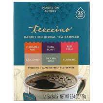 Teeccino 민들레 허브 티 6가지 향 카페인 무함유 티백 12개입 72g(2.54oz), 12 개, 30캔, 72g