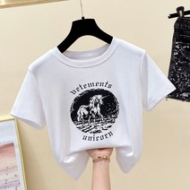 아메리칸 쇼트 유니콘 프린트 크롭 반팔 티셔츠녀 여름 카색 날씬해 보이는 상의 트렌디