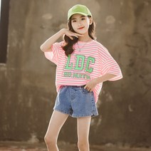 BOOMBOOM 여아 아동 유아 어린이 초등 키즈 쥬니어 여름 반팔티 반팔티셔츠 라운드넥 오바사이즈 순면티 면100 스트라이프 120 130 140 150 160 170