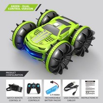 양면 수륙양용 RC 스턴트 카 2 in 1 보트 2.4GHz 360 ° 회전 LED 조명 모든 지형 선물, CHINA, green-2 controller