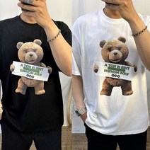 남녀공용 여름 오버핏 곰돌이 전사 프린팅 반팔 티셔츠 2컬러