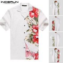 INCERUN 플라워 프린트 레저 남성 반팔 셔츠 옷깃 칼라 비치 여름 탑스 블라우스