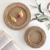 감성소품 라탄 케인 원형트레이 3종 테이블매트 라탄접시 라탄바스켓, L-32cm