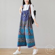 도오빠 여성 데님 멜빵바지 9부 청바지 와이드 팬츠 점프슈트 꽃무늬 여자청바지