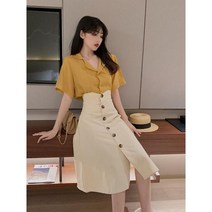 2022 년 새 여름 헵번 빛 익은 바람 왕실 언니 프랑스 복고풍 기질 여신 팬 옷 투피스 정장 여성, 노란 코트 살구 치마, XL