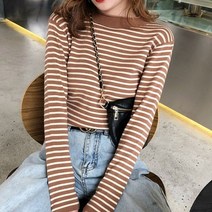 가을 스트라이프 하프 하이 칼라 니트 스웨터 긴 소매 캐주얼 풀오버 탑스 당겨 겨울 의류 봄 니트집업 여름 라운드니트 반집업니트
