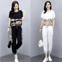 벽화세트 트레이닝복세트 빅사이즈 반팔 여성의류 티셔츠 긴바지 여자 여름 츄리닝 운동복 상하의