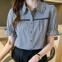 오너클랜 프릴 체크무늬 블라우스 페미닌룩 데일리 소매밴딩