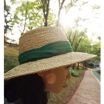 앞머리 천연 라피아 그린띠 캉캉 썸머 햇n611