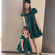 해외엄마랑딸 커플 여아 드레스 스퀘어넥 퍼프 a라인 반팔드레스 샤인 플레어