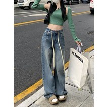 통 청바지 일자통 키큰녀 기모 하이 웨이스트 올 매치 스트레이트 와이드 팬츠 여성용 레트로 스타일 패션 걸레질 여름 레이스 업