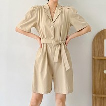 퍼니걸스 7176 린넨 셔츠 카라 허리 스트랩 퍼프 반팔 와이드 반바지 점프수트
