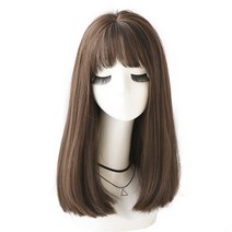 여성가발 리얼헤어 롱 스트레이트 가발 지아파 화섬 헤드커버, [짧은]차가운갈색45Cm