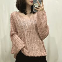 [여리핏] 릴리 루즈핏 박시 꽈배기 브이넥 부클 긴팔 니트 티셔츠 (4 color)