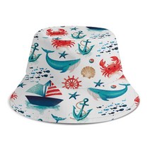 WIRESTER 양면 버킷 모자 유니 여아 여성용 남성용 여름 야외 여행용 해양 보트 크랩 패턴 Medium