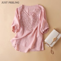 JUST FEEL!NG 여름 여성 반팔 면마 셔츠 플라워 자수 레이스 칼라 블라우스 빈티지 브이 넥 데일리 상의