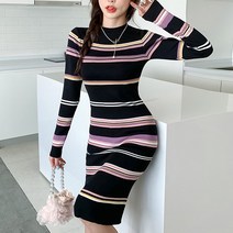 넷투넷코리아 여성 슬림핏 스트라이프 기본 니트 원피스 데일리룩