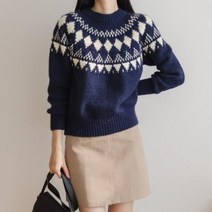 바보사랑 여자 노르딕 다이아 패턴 라운드 니트.옷자락(무료배송)