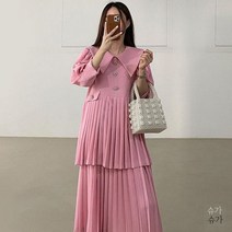 497074 여성 데일리 원피스 봄 여름 시크한 포인트 칼라 이중 플리츠 드레스 여성용 시크 핑크 에이지 감소 페탈 싱글 스티치