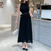 난나눈누 쉬폰 홀터넥 롱 원피스 허리밸트 오프숄더 비치