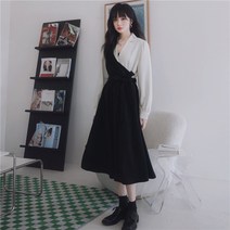 블랙앤화이트 봄 가을 간절기 드레스 A라인 V넥 카라 하객패션 오피스룩 쉬폰 롱원피스