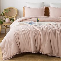 리타니카 세이지 그린 폼폼 프린지 이불 풀(79x90인치) 3종(보헤미안 이불 1개 베갯잇 2개) 에스테틱 볼폼 이불 가볍고 부드러운 극세사 다운 얼터너티브 베딩 세트