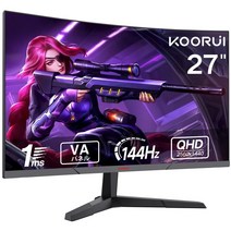 KOORUI 게이밍 모니터 27인치 모니터 곡선곡면커브형 PC 모니터 액정 디스플레이QHD(2560 1440)VA 패널 비광택144Hz1ms(MPRT)DPx1 HDMIx2 VESA 마운트 대응게임 모드(FPSRPG)PS4PS5XboxPCMacAV 대응각도 조정