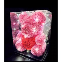 장미곰돌이 로즈베어[선물케이스+LED조명 세트] 장미곰 40cm이벤트꽃 러블리 장미꽃인형 프로포즈 발렌타인데이 화이트데이 특별한날 입학식 졸업식 기념일 크리스마스 선물_쯔야코드, 하트베어-진핑크[왕관+면사포+LED+선물상자]