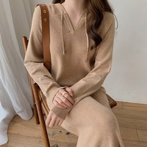 넷투넷코리아 여성 루즈핏 롱 니트 원피스 후드 단색 기본 H라인
