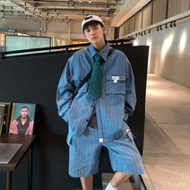 루즈핏 힙한 긴팔 스트라이프 남자 셔츠 자켓 반바지 세트 20대 캐주얼 데일리 코디