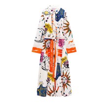 여름 긴팔 터틀넥 버클 장식 하이웨이스트 날씬해 보이는 벨트 프린트 원피스 2895076