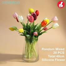 PCS 꽃 실리콘 노란색 튤립 꽃다발 리얼 터치 칼라 홈 부활절 선물 인공 결혼식-인디고, [01] pcs Poly Bag, [09]  piece per bunch