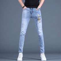 남자 여름 얇은 자수 프린트 프린팅 청바지 독특한 페인트 바지 남성