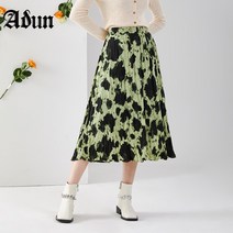 레오파드 표범무늬 스커트 호피 치마 그린 프린트 여성 미디 컬러 플리츠