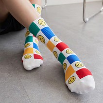 스마일 체커보드 여성중목 패션 면 검정 예쁜양말 w193