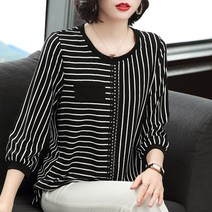 스트라이프 반팔 티셔츠 여 빅사이즈 루즈핏 상의 중년 엄마 셔츠 칠부 소매